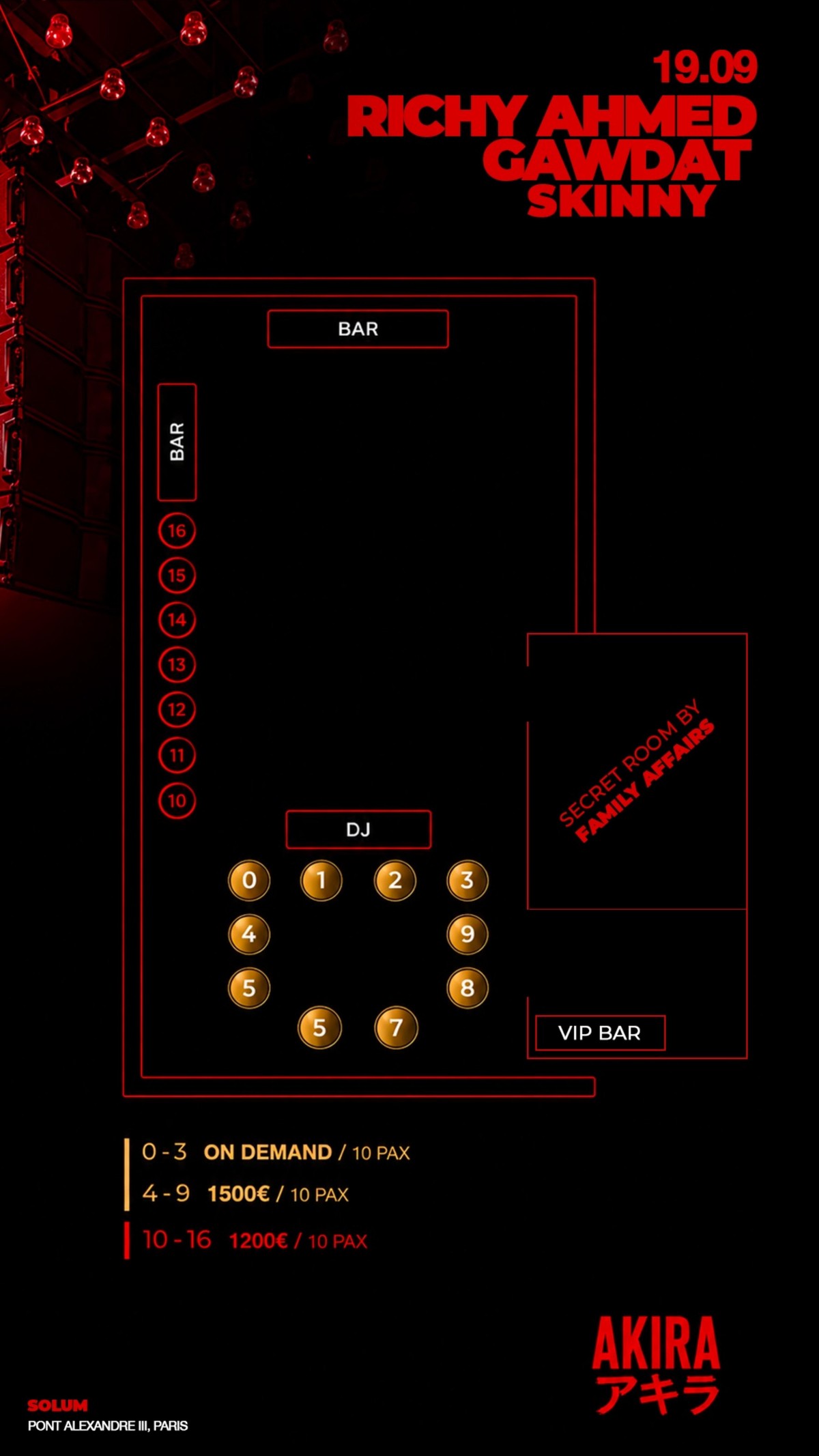 Official Solum table plan for AKIRA: tables 0–3 closest to the DJ, 4–9 backstage, 10–16 along the room